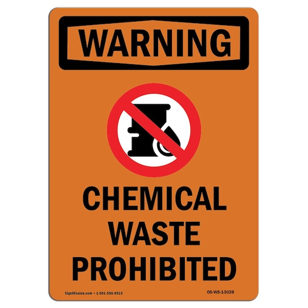 Safety Sign, OSHA WARNING, 5" Height, Chemical Waste Prohibited, Portrait, 10PK
